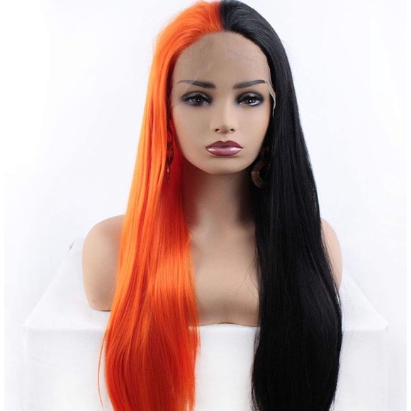 24” ORANGE &BLACK SPLIT DYE STRAIGHT LACEFRONT WIG main image 7